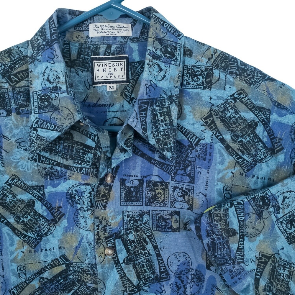 Windsor Shirt‎ Company Button Down Mens Med Blue Travel Stamp Print Chambray VTG